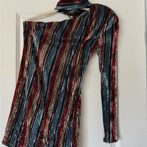 Off-Shoulder Metallic Stripe Women’s Dress in Red, Blue & Gold